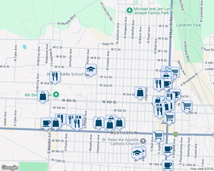map of restaurants, bars, coffee shops, grocery stores, and more near 111 South Connor Avenue in Joplin