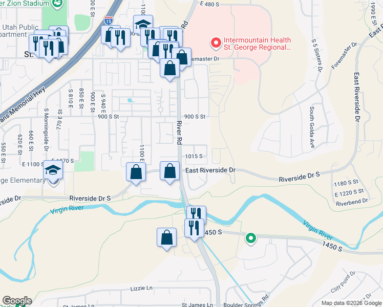 map of restaurants, bars, coffee shops, grocery stores, and more near 1051 South River Road in St. George