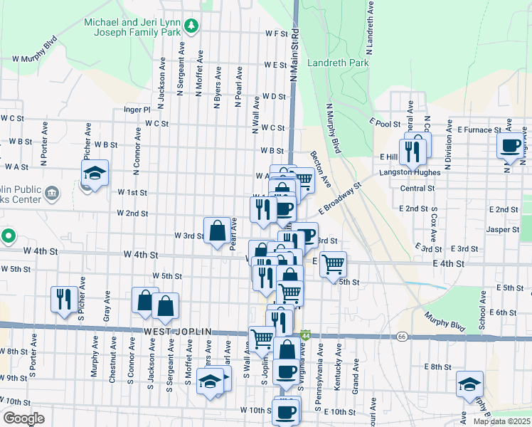 map of restaurants, bars, coffee shops, grocery stores, and more near 200-298 West 1st Street in Joplin