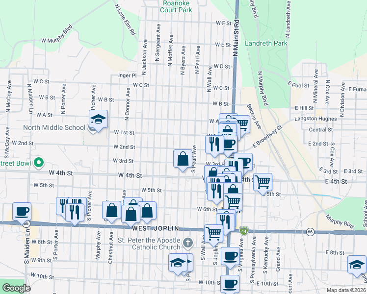 map of restaurants, bars, coffee shops, grocery stores, and more near in Joplin