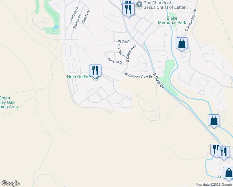 map of restaurants, bars, coffee shops, grocery stores, and more near 1845 West Canyon View Drive in St. George