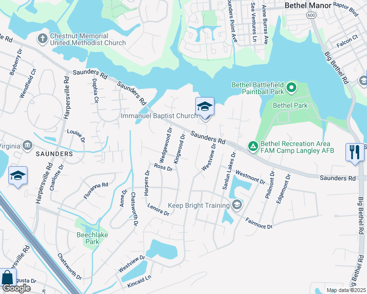 map of restaurants, bars, coffee shops, grocery stores, and more near 9 Kingwood Drive in Newport News