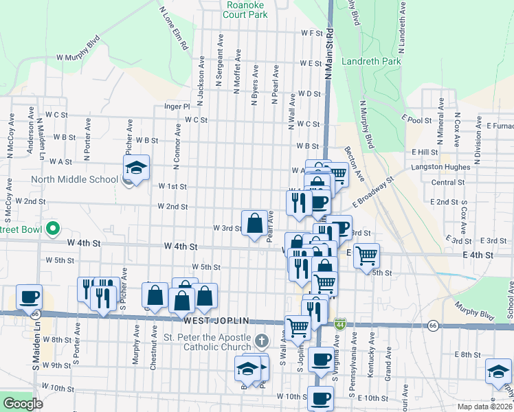 map of restaurants, bars, coffee shops, grocery stores, and more near 104 North Byers Avenue in Joplin