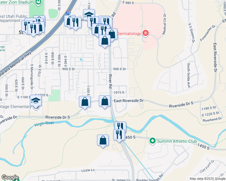 map of restaurants, bars, coffee shops, grocery stores, and more near 1015 South River Road in St. George