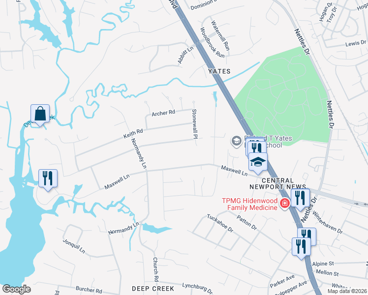 map of restaurants, bars, coffee shops, grocery stores, and more near 137 Milstead Road in Newport News