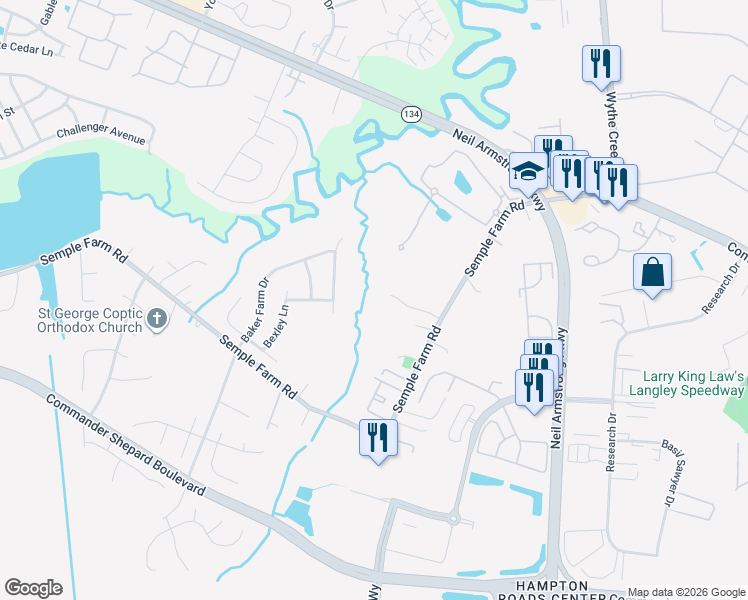 map of restaurants, bars, coffee shops, grocery stores, and more near 16 Firefly Lane in Hampton