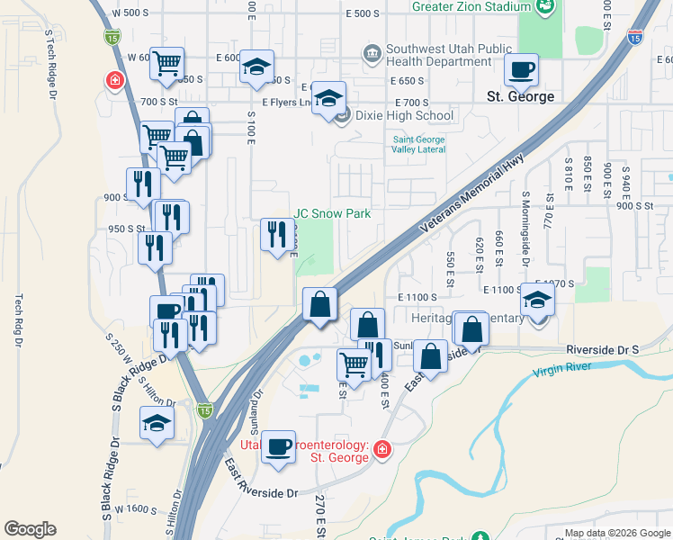 map of restaurants, bars, coffee shops, grocery stores, and more near 296 East 900 South in St. George