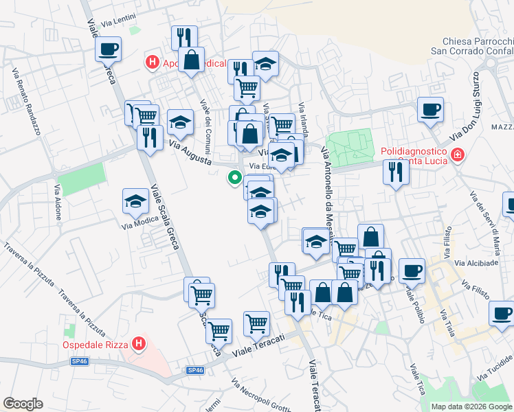 map of restaurants, bars, coffee shops, grocery stores, and more near 162 Viale Santa Panagia in Syracuse