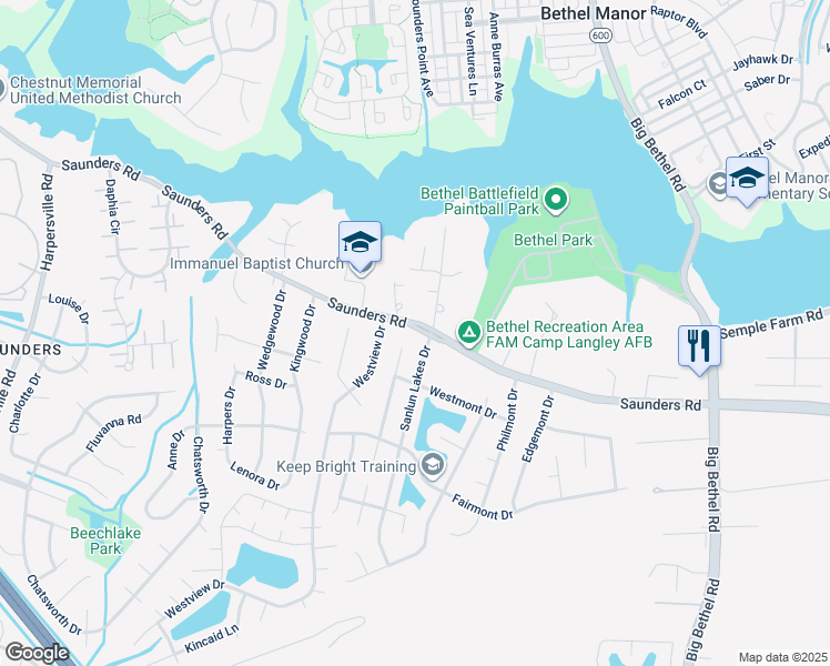 map of restaurants, bars, coffee shops, grocery stores, and more near 106 Saunders Road in Hampton