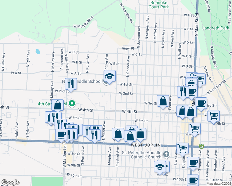 map of restaurants, bars, coffee shops, grocery stores, and more near 198 Gray Avenue in Joplin