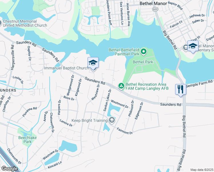 map of restaurants, bars, coffee shops, grocery stores, and more near 106 Saunders Road in Hampton