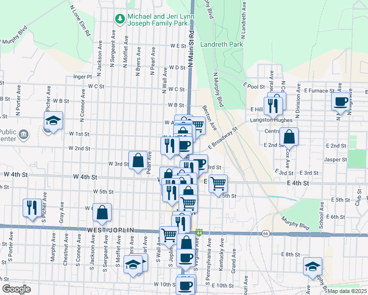 map of restaurants, bars, coffee shops, grocery stores, and more near 128100 West 1st Street in Joplin