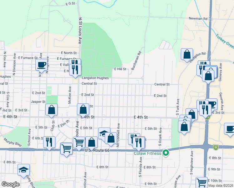 map of restaurants, bars, coffee shops, grocery stores, and more near 116 Mc Connell Avenue in Joplin