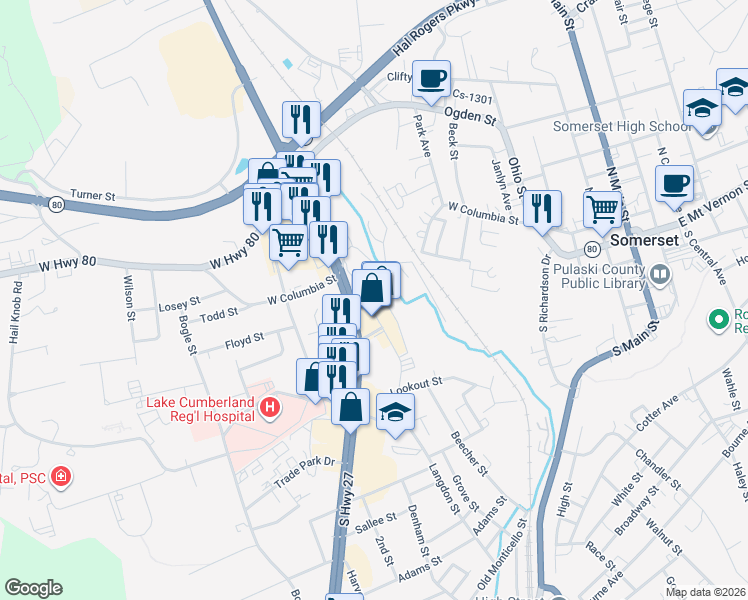 map of restaurants, bars, coffee shops, grocery stores, and more near 801 West Columbia Street in Somerset
