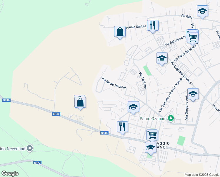 map of restaurants, bars, coffee shops, grocery stores, and more near 63 Via Monti Nebrodi in Siracusa