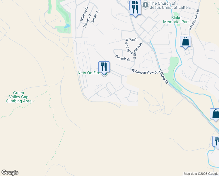 map of restaurants, bars, coffee shops, grocery stores, and more near 1871 West Canyon View Drive in St. George