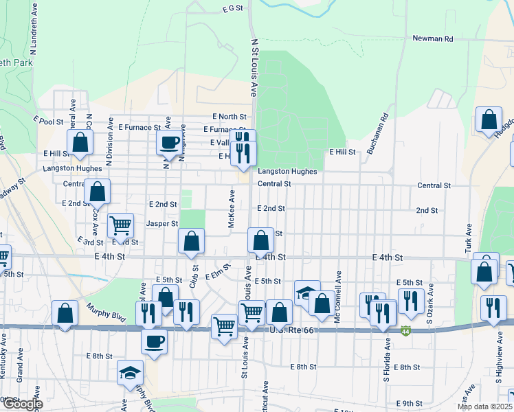 map of restaurants, bars, coffee shops, grocery stores, and more near 122 South Saint Charles Avenue in Joplin