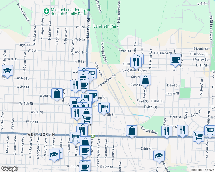 map of restaurants, bars, coffee shops, grocery stores, and more near in Joplin