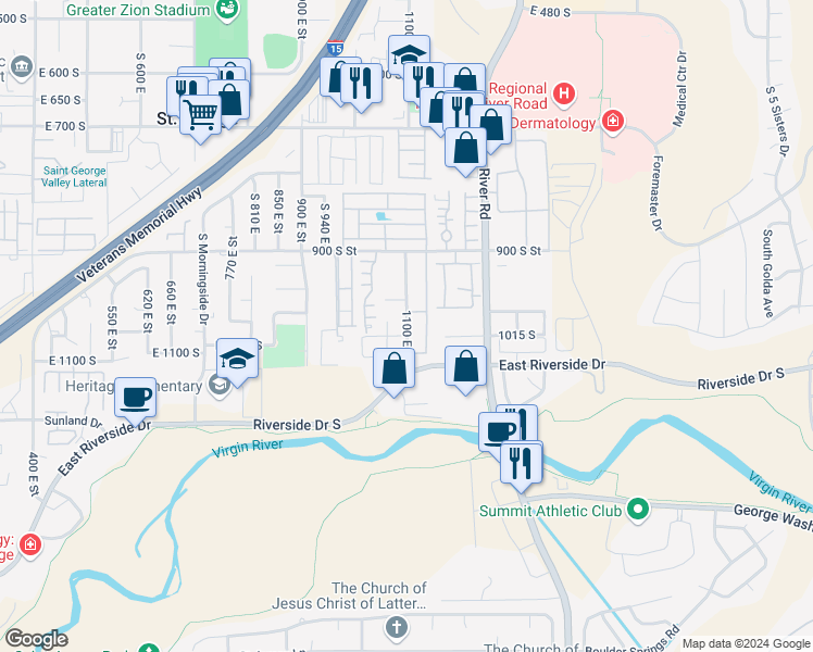 map of restaurants, bars, coffee shops, grocery stores, and more near 450 South 1100 East in St. George