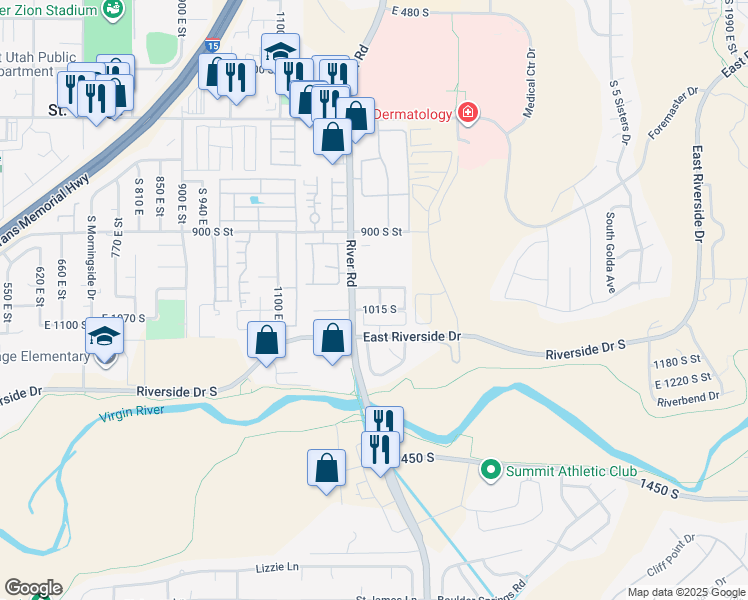 map of restaurants, bars, coffee shops, grocery stores, and more near 1015 South River Road in St. George