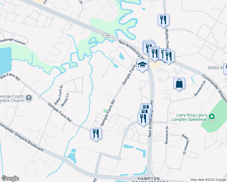 map of restaurants, bars, coffee shops, grocery stores, and more near 72 Semple Farm Road in Hampton