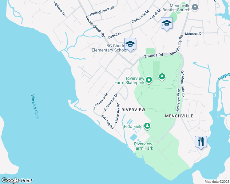 map of restaurants, bars, coffee shops, grocery stores, and more near 21 East Governor Drive in Newport News