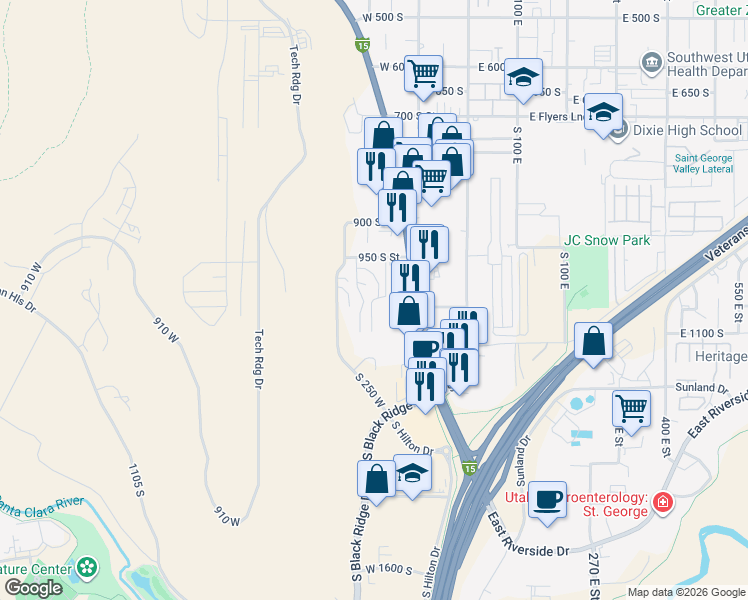 map of restaurants, bars, coffee shops, grocery stores, and more near 237 West 950 South in St. George