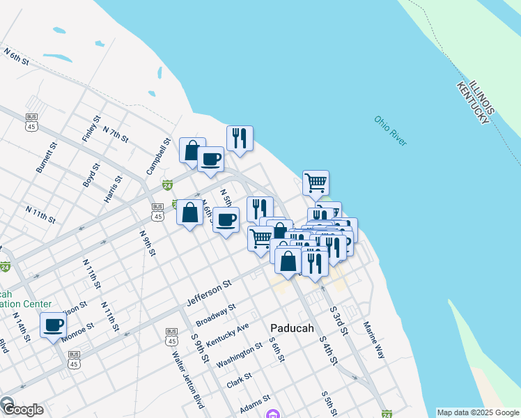map of restaurants, bars, coffee shops, grocery stores, and more near 331 Madison Street in Paducah