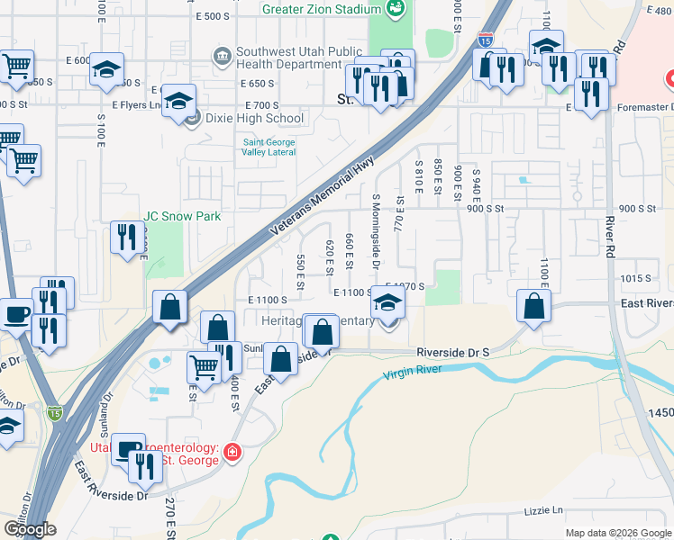 map of restaurants, bars, coffee shops, grocery stores, and more near 1037 South 620 East Street in St. George