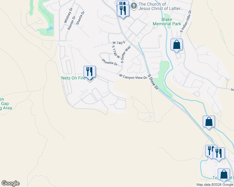 map of restaurants, bars, coffee shops, grocery stores, and more near 1845 West Canyon View Drive in St. George