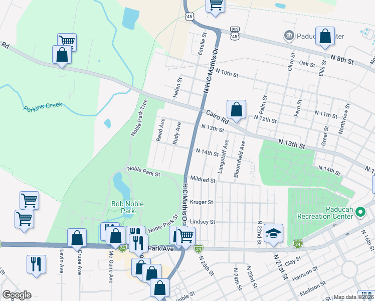 map of restaurants, bars, coffee shops, grocery stores, and more near 1401 H C Mathis Drive in Paducah