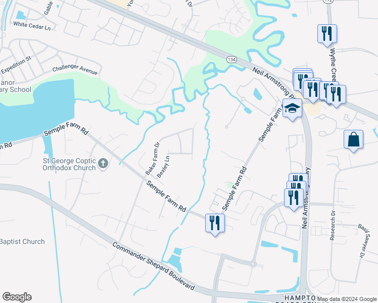 map of restaurants, bars, coffee shops, grocery stores, and more near 305 Vista Point Drive in Hampton