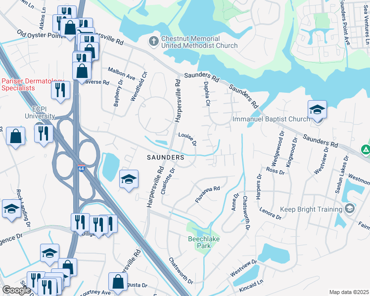 map of restaurants, bars, coffee shops, grocery stores, and more near 914 Charlotte Drive in Newport News