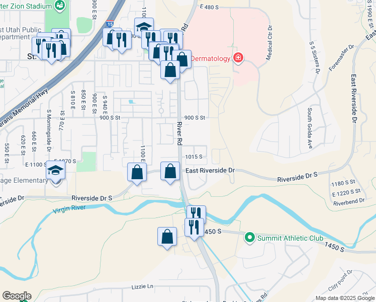 map of restaurants, bars, coffee shops, grocery stores, and more near 1051 South River Road in St. George