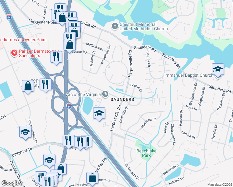 map of restaurants, bars, coffee shops, grocery stores, and more near 193 Louise Drive in Newport News