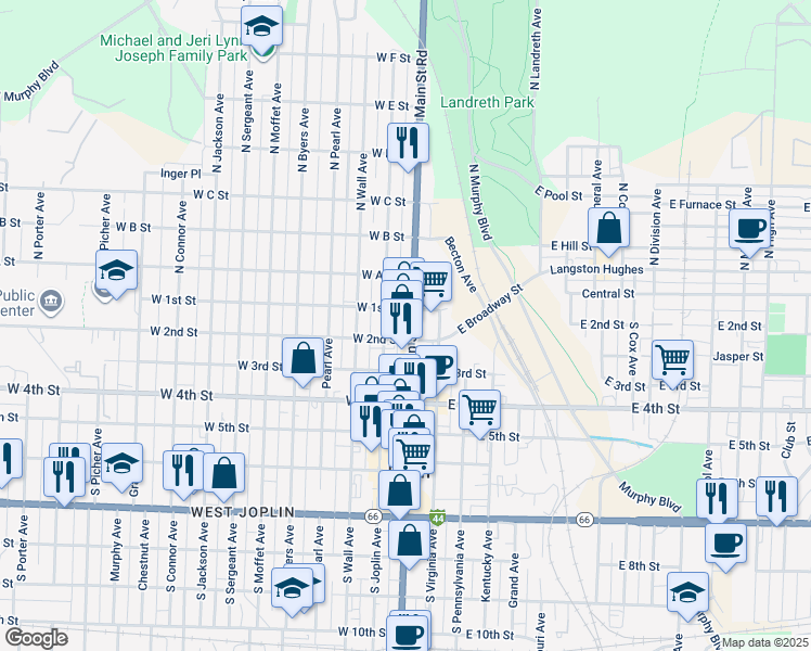 map of restaurants, bars, coffee shops, grocery stores, and more near 128100 West 1st Street in Joplin