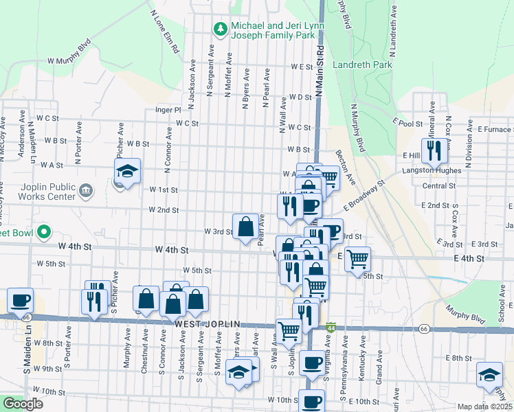 map of restaurants, bars, coffee shops, grocery stores, and more near 102 North Pearl Avenue in Joplin