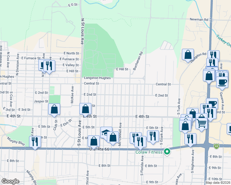 map of restaurants, bars, coffee shops, grocery stores, and more near 116 Mc Connell Avenue in Joplin