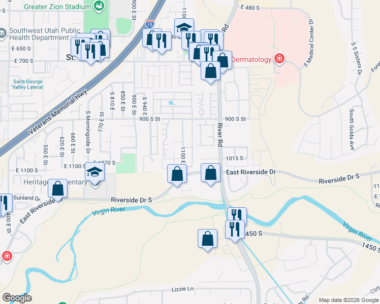 map of restaurants, bars, coffee shops, grocery stores, and more near 1134 East 900 South in St. George