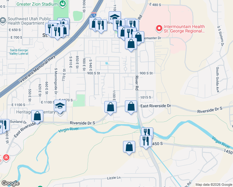 map of restaurants, bars, coffee shops, grocery stores, and more near 1134 East 900 South in St. George