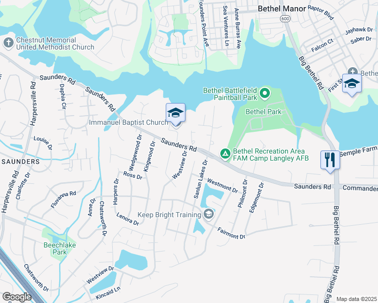 map of restaurants, bars, coffee shops, grocery stores, and more near 1 Westview Drive in Hampton