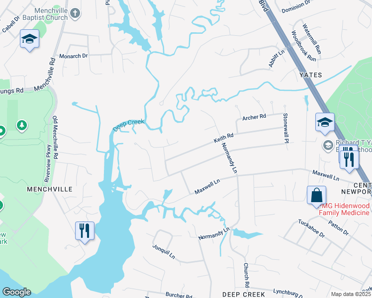 map of restaurants, bars, coffee shops, grocery stores, and more near 219 Keith Road in Newport News