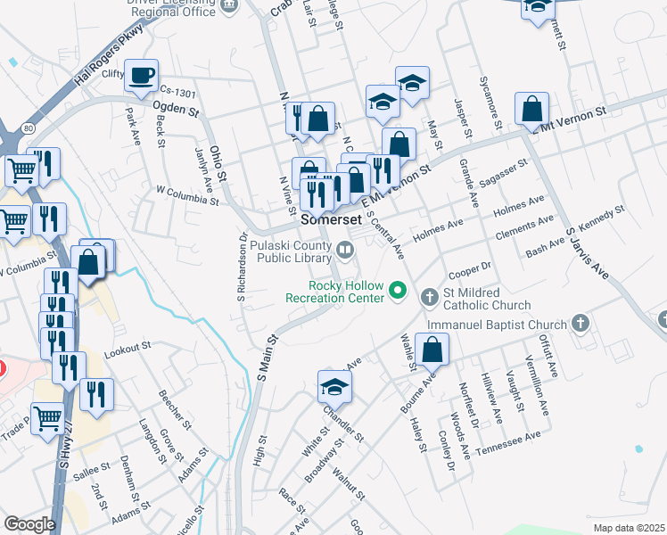 map of restaurants, bars, coffee shops, grocery stores, and more near 207 South Main Street in Somerset