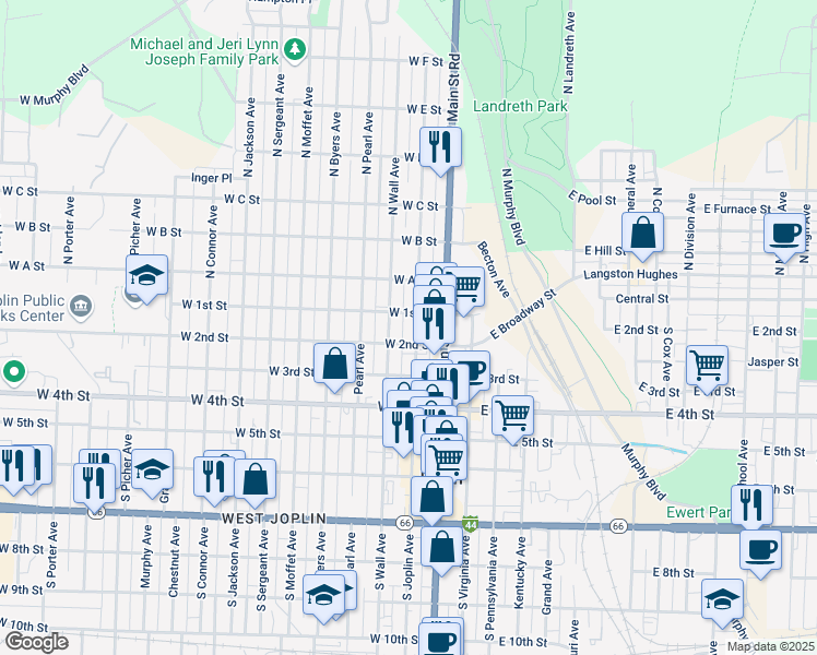 map of restaurants, bars, coffee shops, grocery stores, and more near 200-298 West 1st Street in Joplin