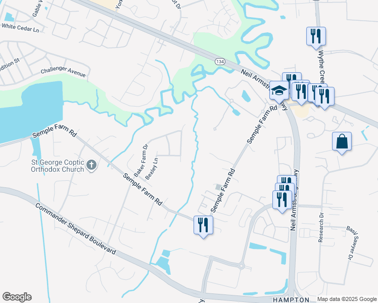 map of restaurants, bars, coffee shops, grocery stores, and more near 308 Vista Point Drive in Hampton