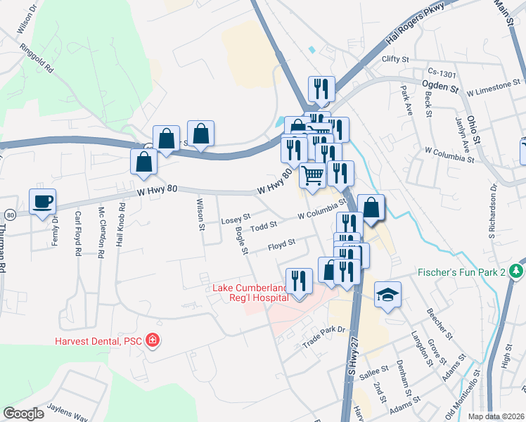 map of restaurants, bars, coffee shops, grocery stores, and more near 1031-1041 West Columbia Street in Somerset