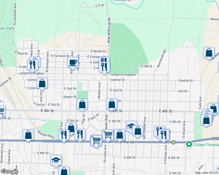 map of restaurants, bars, coffee shops, grocery stores, and more near 122 South Saint Charles Avenue in Joplin