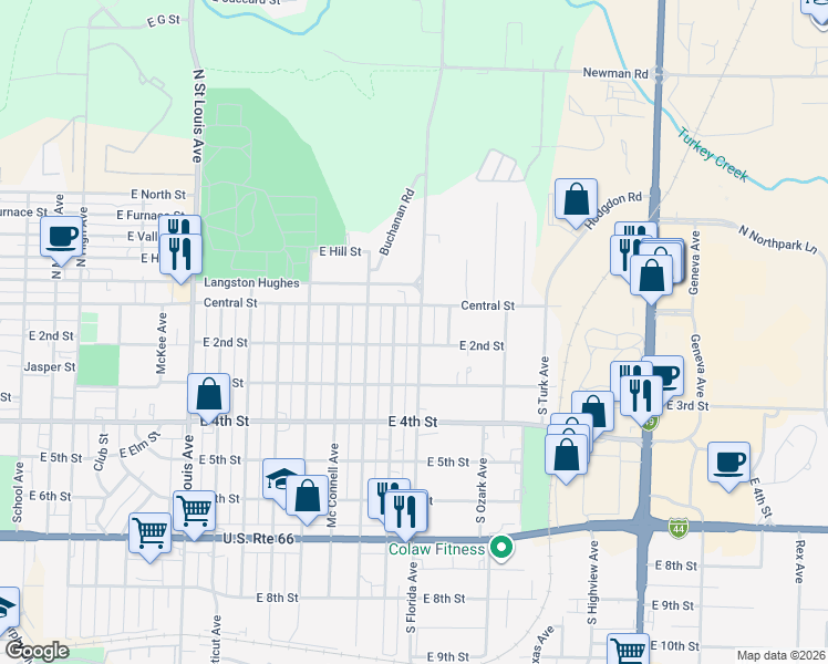 map of restaurants, bars, coffee shops, grocery stores, and more near 109 S Brownell Ave in Joplin