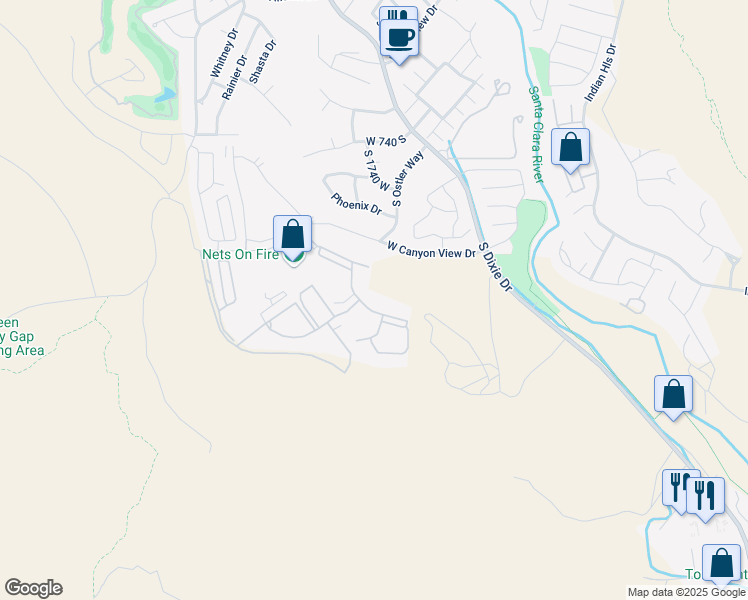 map of restaurants, bars, coffee shops, grocery stores, and more near 1845 West Canyon View Drive in St. George