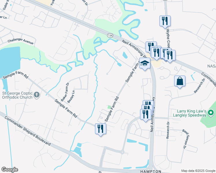 map of restaurants, bars, coffee shops, grocery stores, and more near 12 Firefly Lane in Hampton